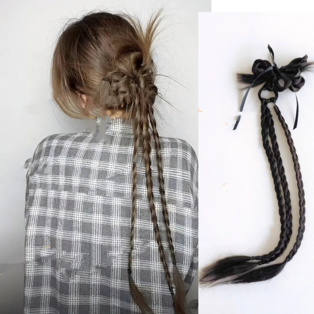 Wig with scratch clip boxing braid in natural black 60cm length protein silk