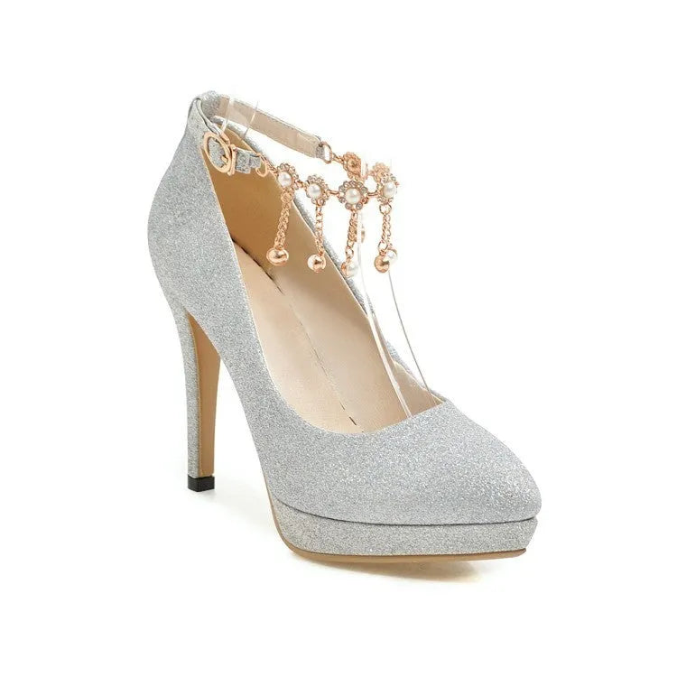 Women's solid colour platform stiletto heels with a pointed toe in blue, pink, gold, or silver.