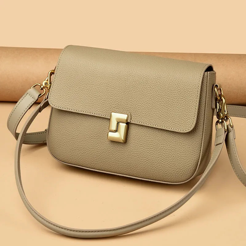 Women's genuine cowhide leather messenger retro shoulder bag in horizontal square shape, 24x7x19cm, available in black