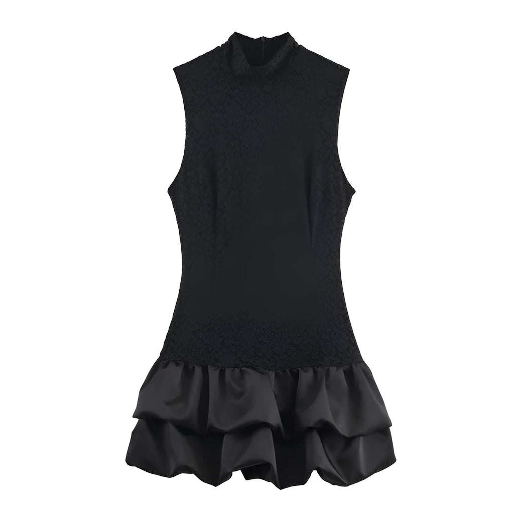 Women's simple stitching lace short dress with asymmetric skirt, black, stripes, cotton blend, summer