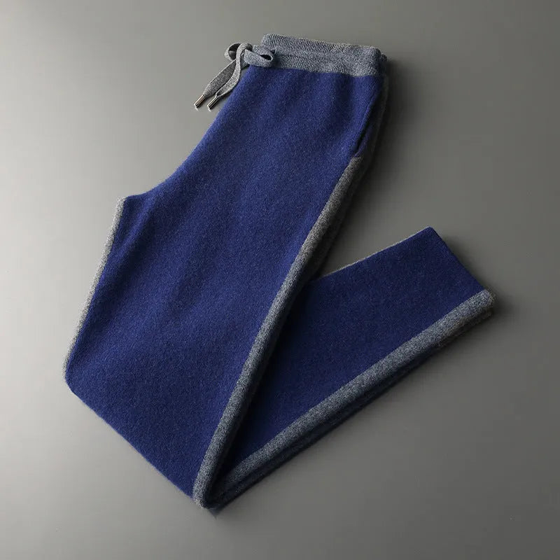 Men's navy blue cashmere blend knitted cardigan suit with half turtleneck zip and matching trousers