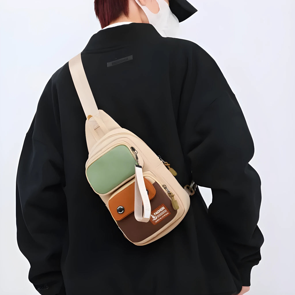 Outdoor leisure crossbody shoulder bag in nylon, shown in black, beige contrast, and light brown contrast colour options.
