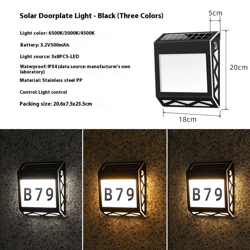 Black solar-powered metal doorplate light with LED house numbers and digital clock display