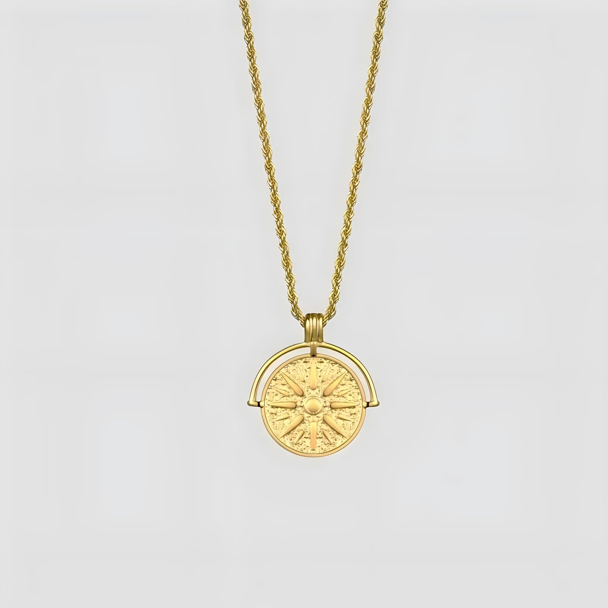 Stainless steel sunflower pendant necklace with geometric embossed design on adjustable 41-50cm chain