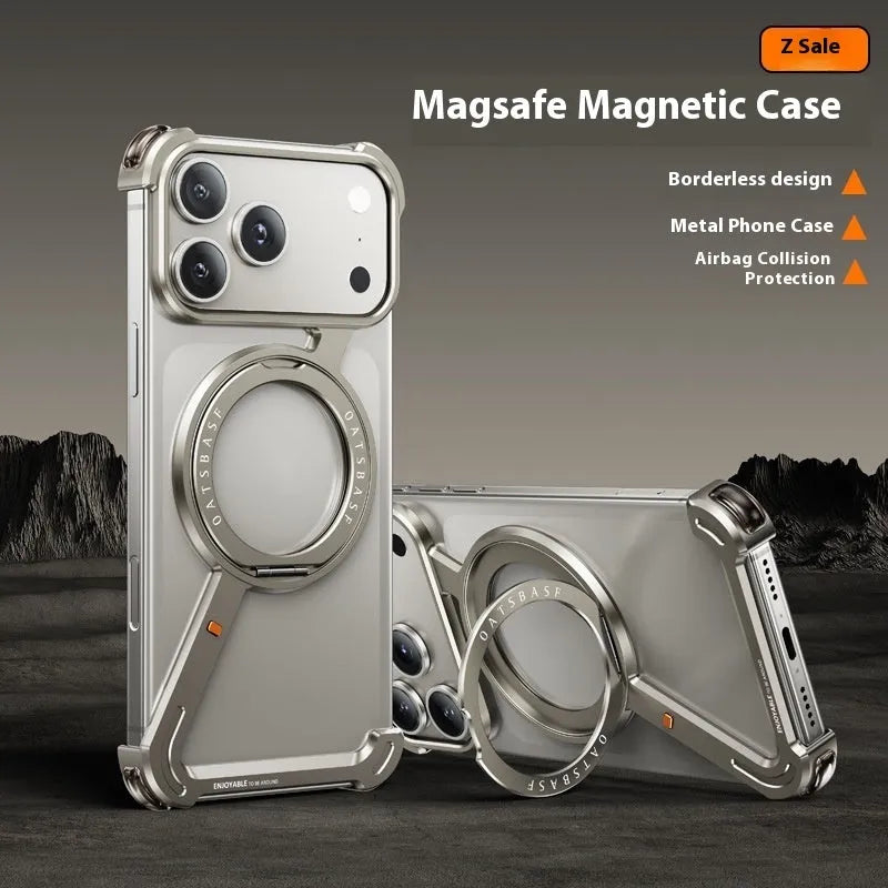 Black metal frame phone case with magnetic bracket for Apple iPhone 17 Pro Max, electroplated finish