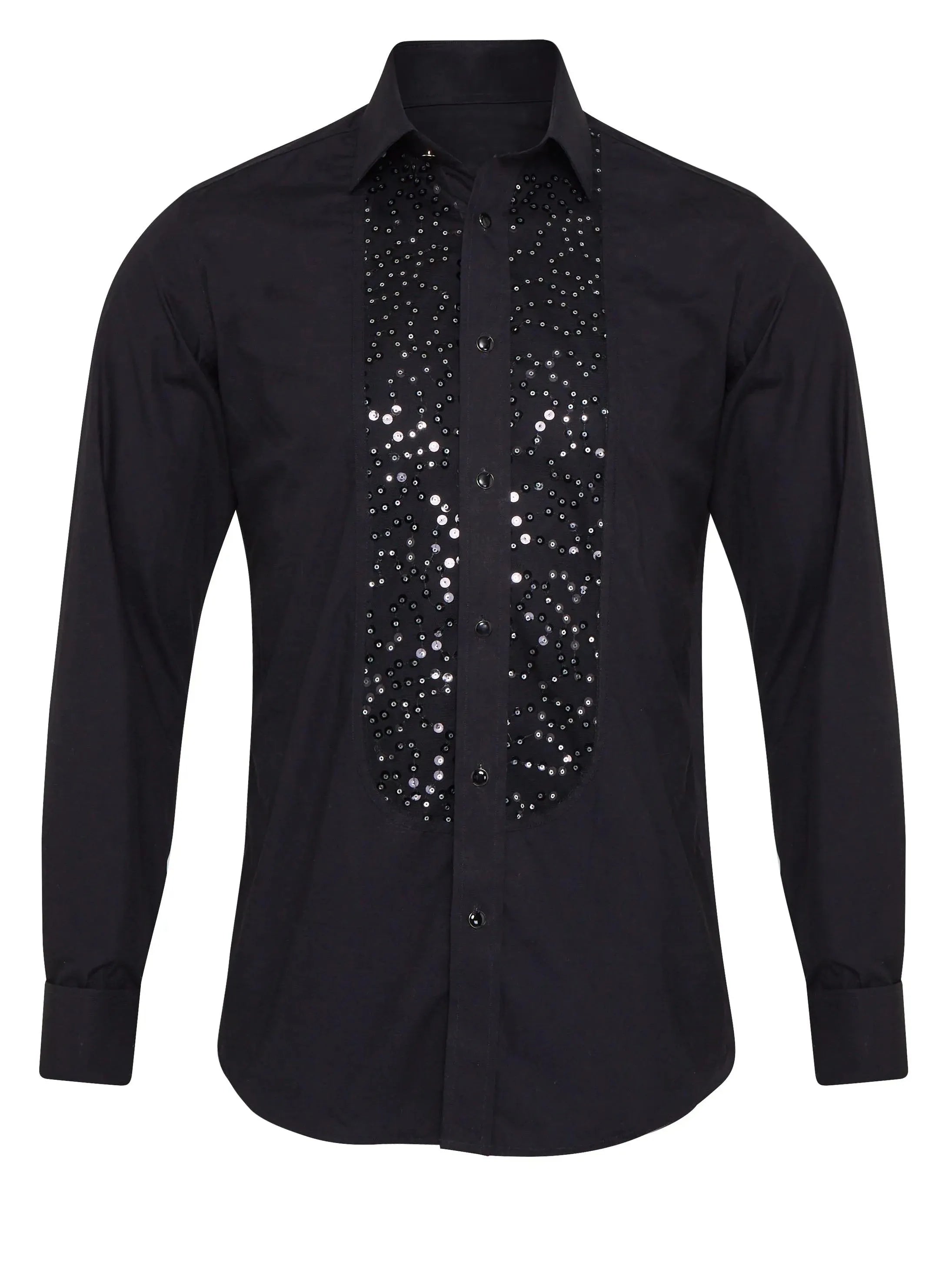 Black casual shirt with sequin detail, regular fit, polyester fabric, front view