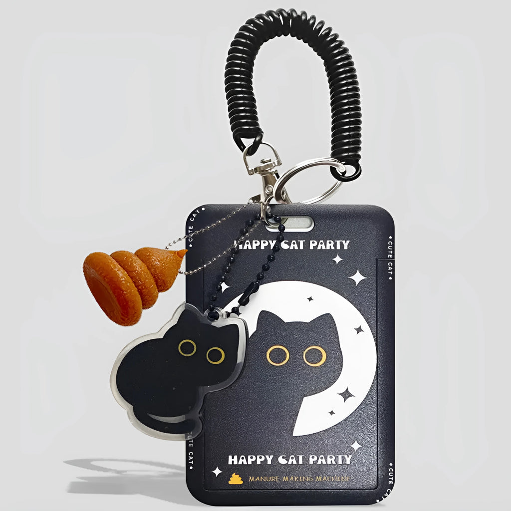 Black cat cartoon design plastic card sleeve with removable fob pendant for bus and student cards