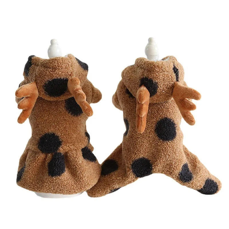 Polka dot patterned pet clothing for dogs and cats, shown in both four-legged jumpsuit and skirt styles.