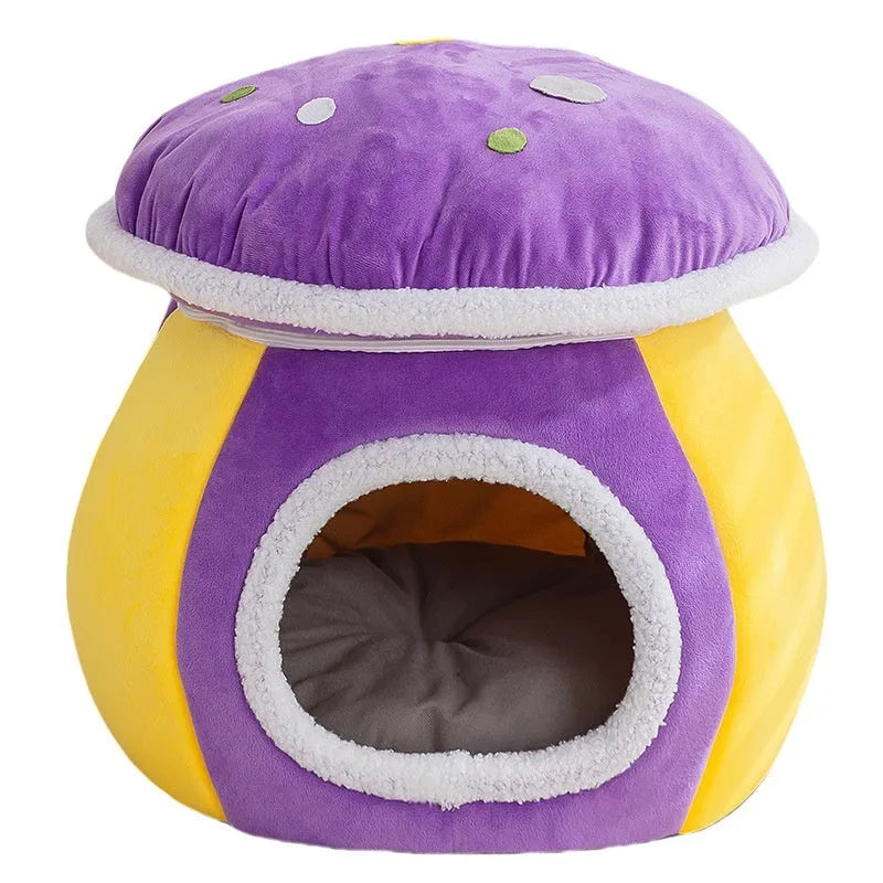 Grey mushroom-shaped plush cat bed nest for small pets on a white background.