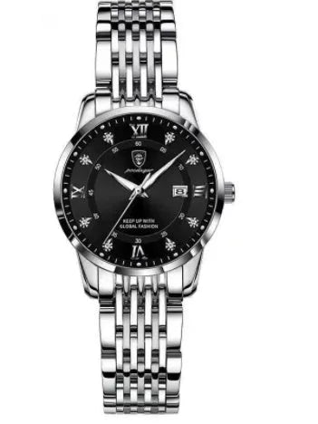 Men's quartz watch with 43mm round dial, sapphire crystal, stainless steel strap, blue face, luminous hands and calendar display