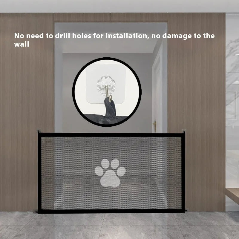 Folding pet barrier safety net with plastic rods showing dog footprint design in black or white colour options