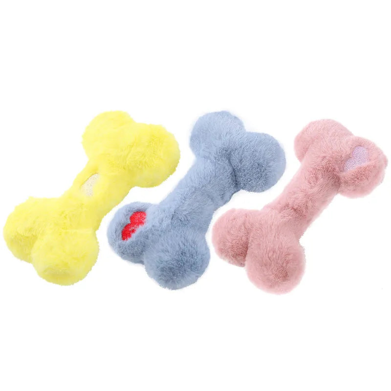 Blue plush love bone dog toy with a vocal element for interactive chewing and play.