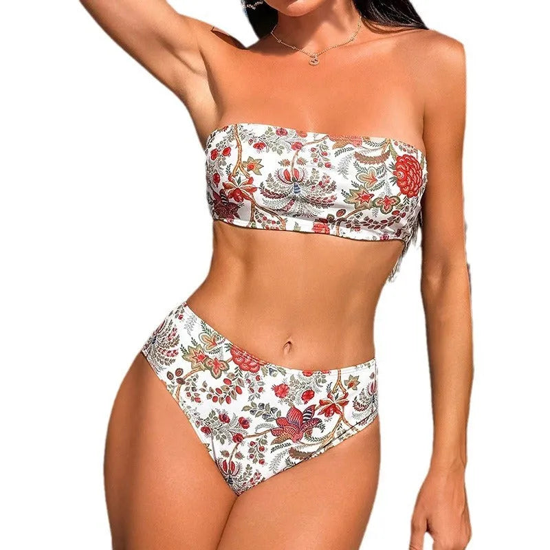 Women's printed bandeau swimsuit set with triangle top and matching shorts on a neutral background.