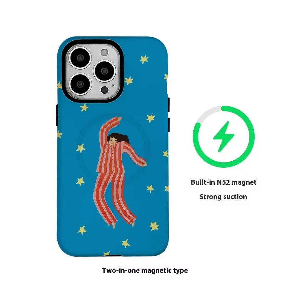 Feilin magnetic two-in-one phone case with funny cartoon illustration in blue frosted finish for iPhone