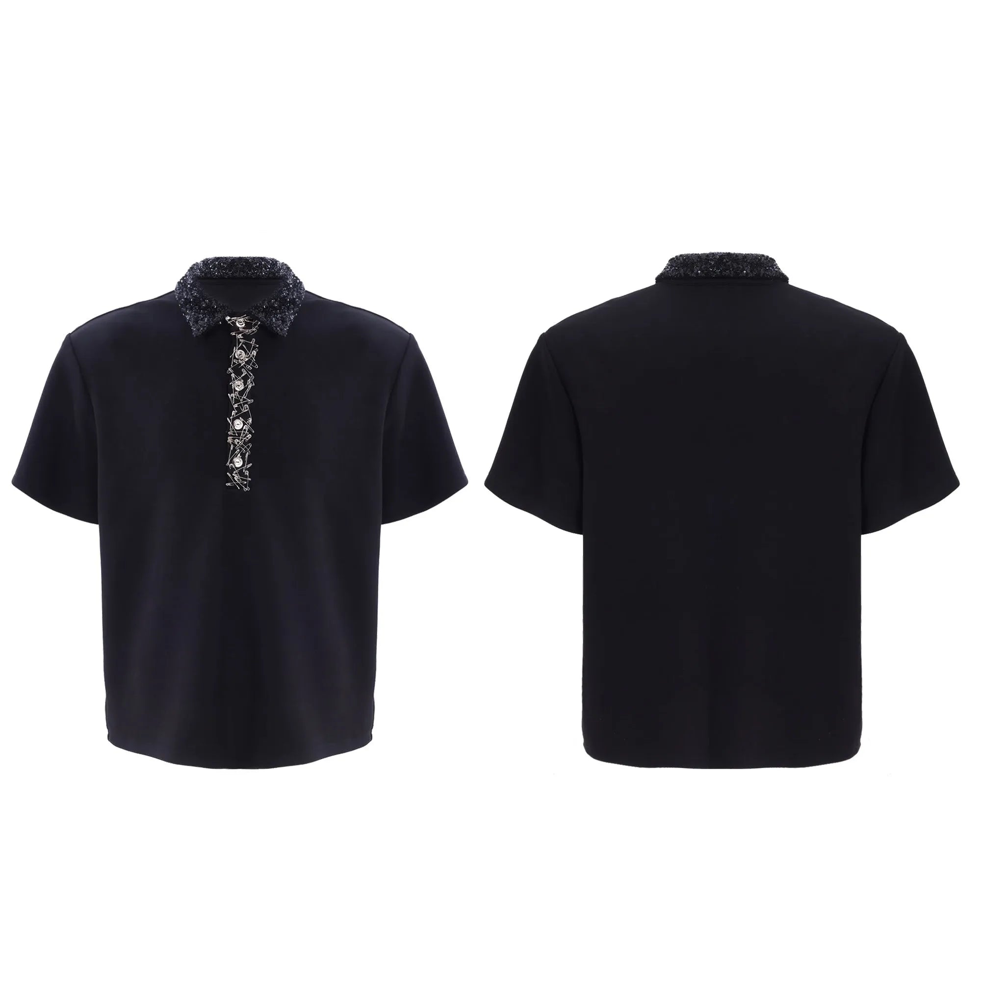 Men's black loose-fit polyester polo shirt with a square collar and short sleeves.