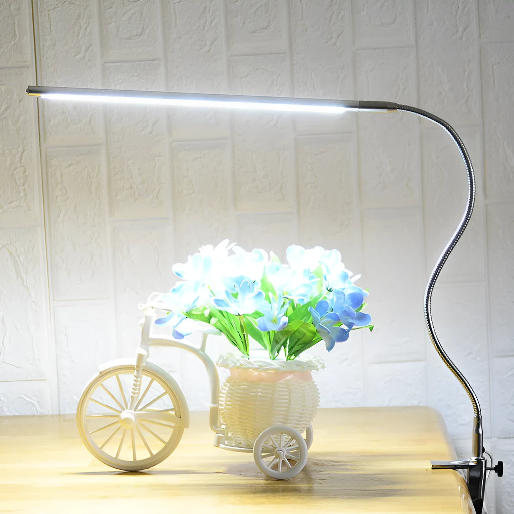 Silver USB-powered LED clip-on table lamp with long arm extended, showing the lamp head and clip mount.