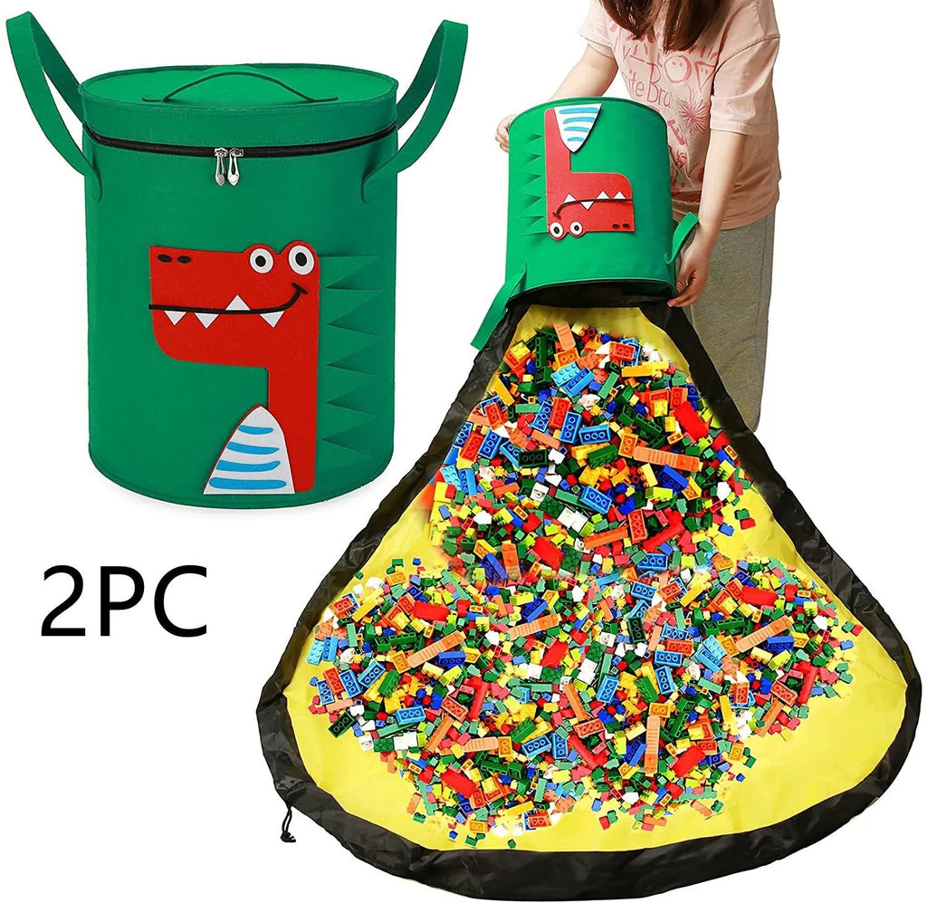 Green felt storage bag cinched closed with pull rope, shown next to it laid flat as a play mat