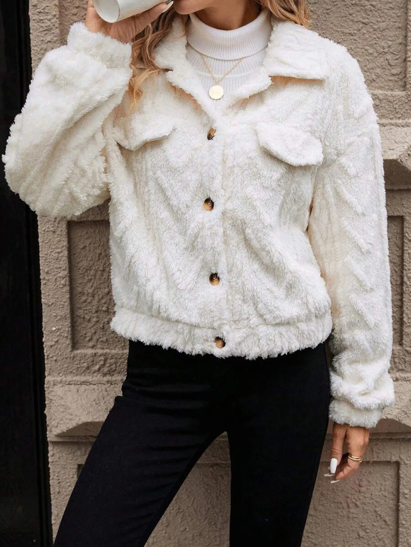 Women's ivory white double-sided plush button cardigan with long sleeves and medium thickness