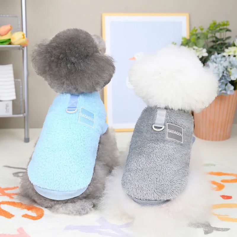 Coral fleece pet dog jacket with multi-colour pull rings in blue.