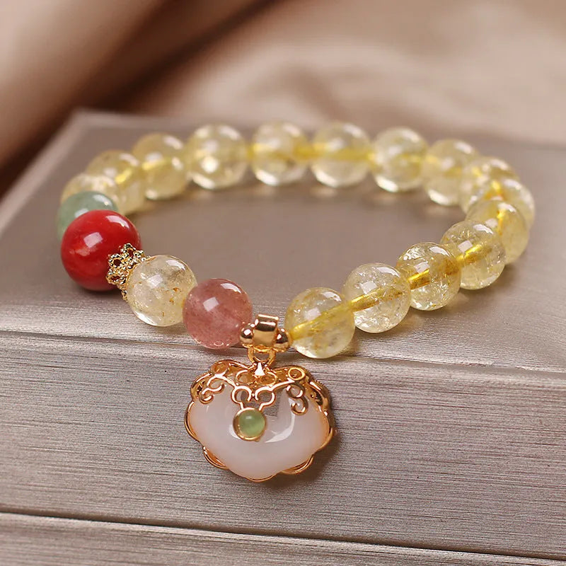 Women's natural citrine jade ruyi pendant bracelet with yellow hair crystal set in alloy metal