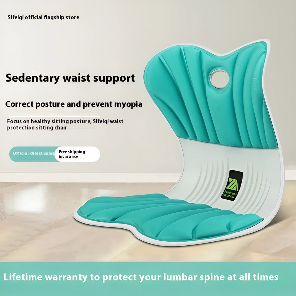 Ergonomic waist support cushion on office chair in grey colour