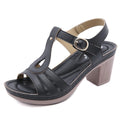 Women's patent leather thick high heel sandals with round toe and metal buckle detail in apricot colour.