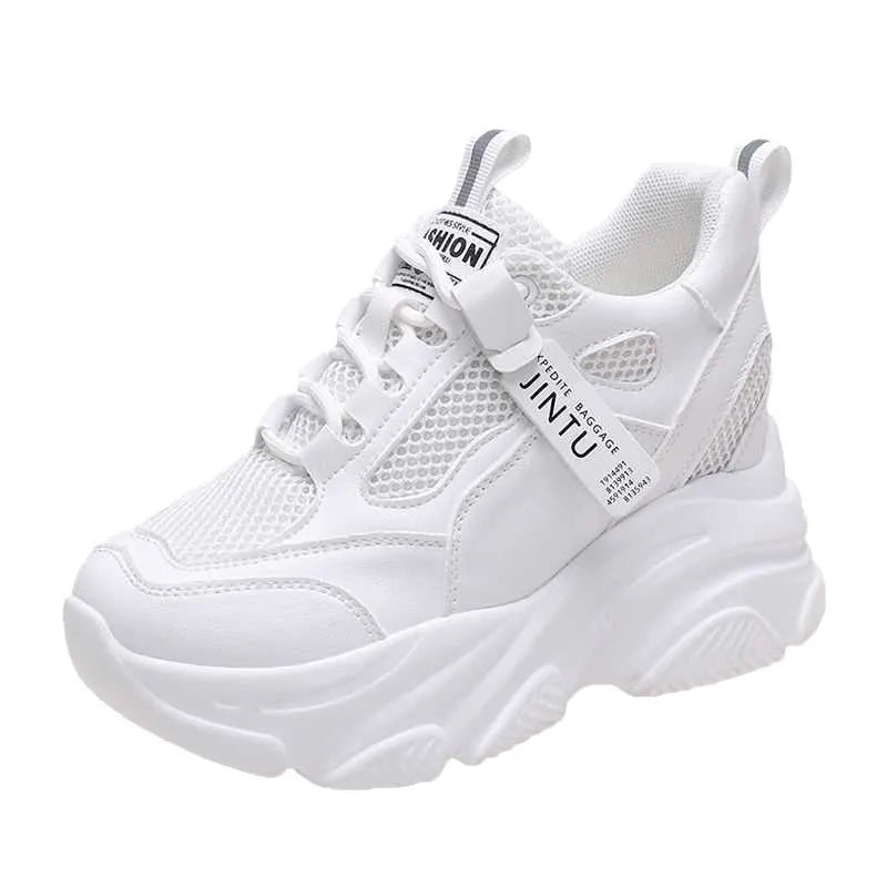 Women's black mesh platform casual shoes with hollow-out design and a TPR sole.