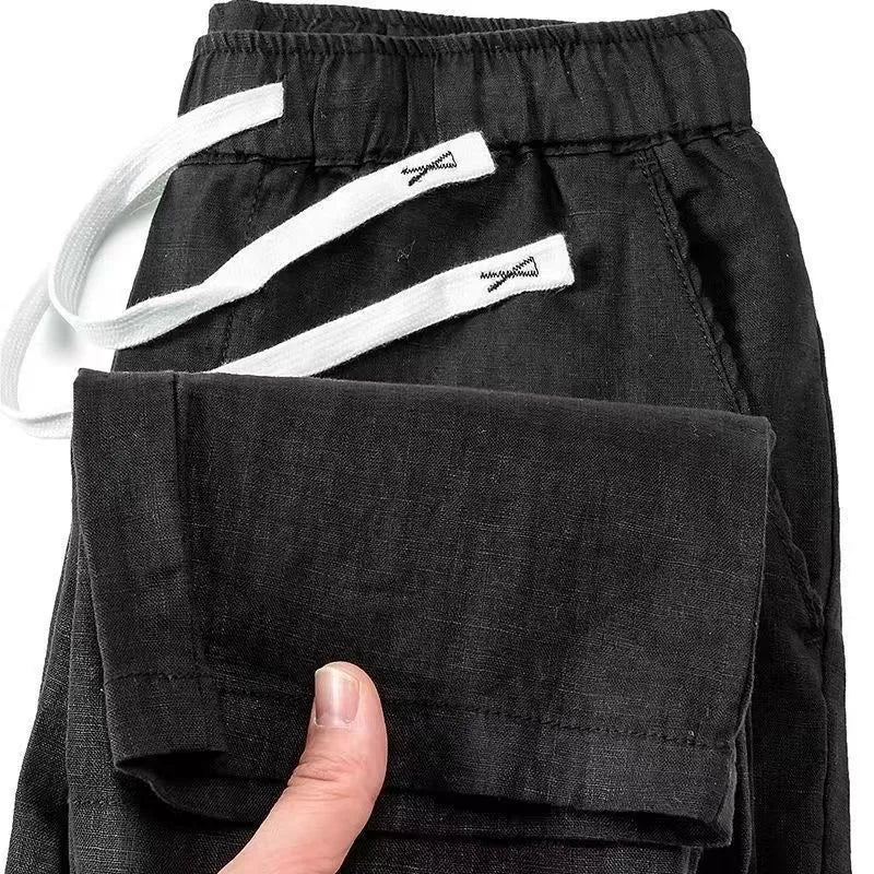Pure linen Chinese-style straight-leg trousers with a drawstring waist in multiple colours.