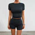 Women's solid colour slim sports suit two-piece set with short sleeve top and elastic shorts
