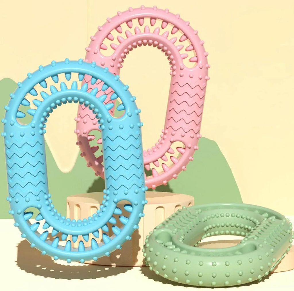 Blue O-ring shaped rubber dog chewing toy for aggressive chewers dental benefits