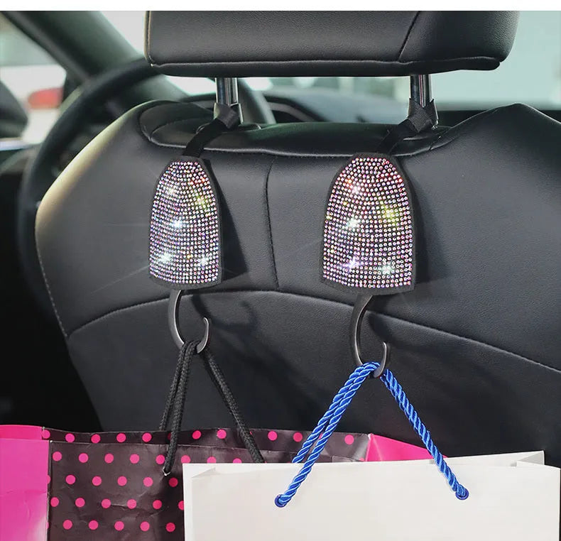 Black car magnet phone holder hook bracket with pink diamond-studded chair back hook
