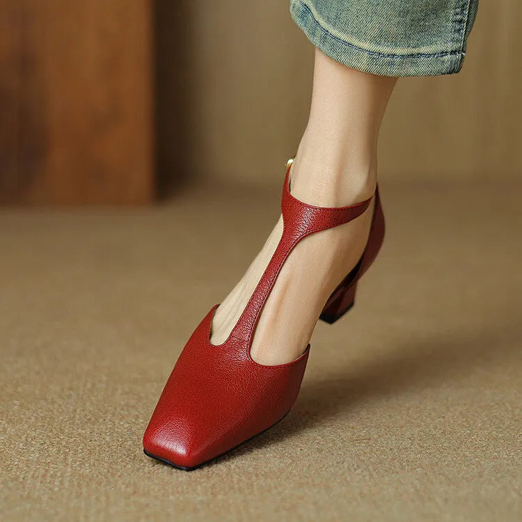 Wine red women's chunky heel shoes with square toe and buckle, made from sheepskin leather.