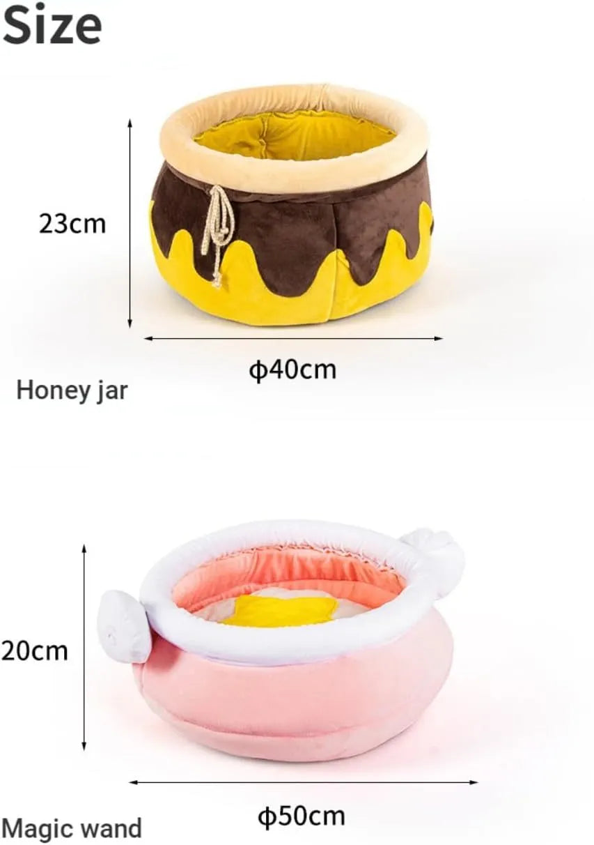 Honey pot shaped cat sofa bed with magic wands in soft pink fabric with removable cushion