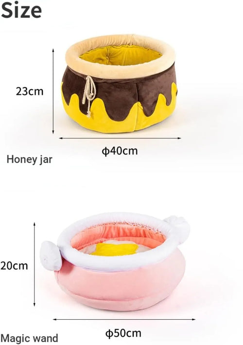 Honey pot shaped cat sofa bed with magic wands in soft pink fabric with removable cushion