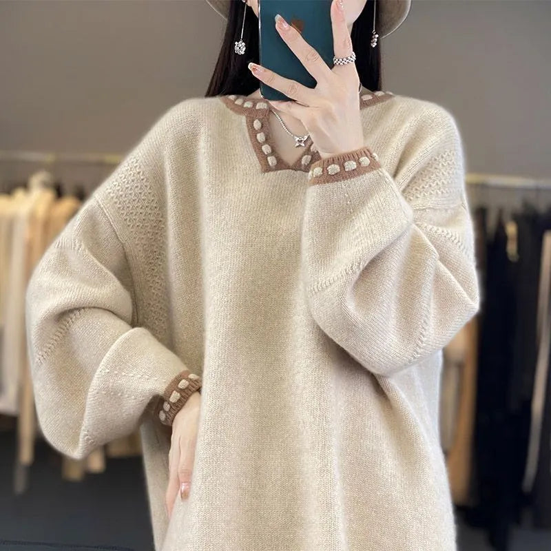 Women's V-neck pullover sweater in viscose fibre available in white and camel colours