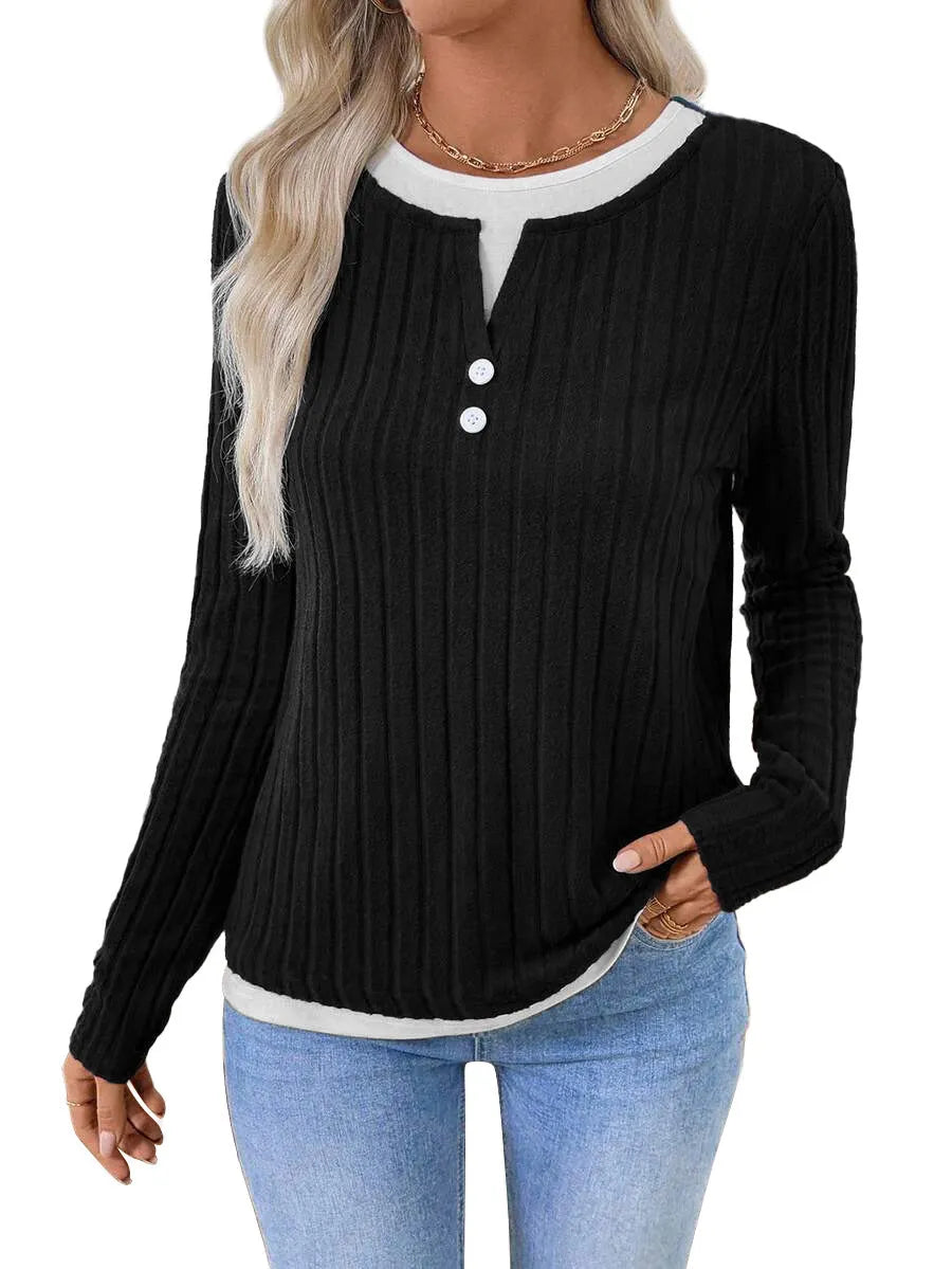 Women's fake two-piece pullover sweater with round neck and button detail in concave stripe polyester