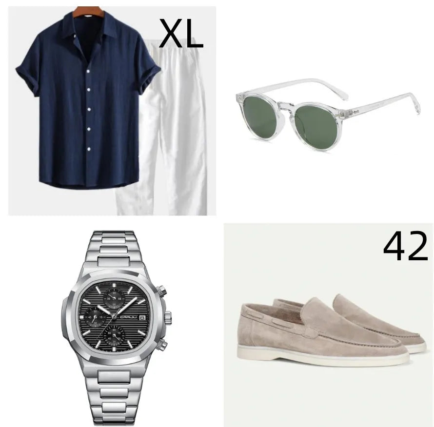 Men's navy blue cotton linen short sleeve suit with matching shorts and accessories displayed
