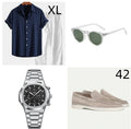 Men's navy blue cotton linen short sleeve suit with matching shorts and accessories displayed