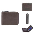 Black or brown leather anti-theft credit card wallet with zipper closure and embossed detailing