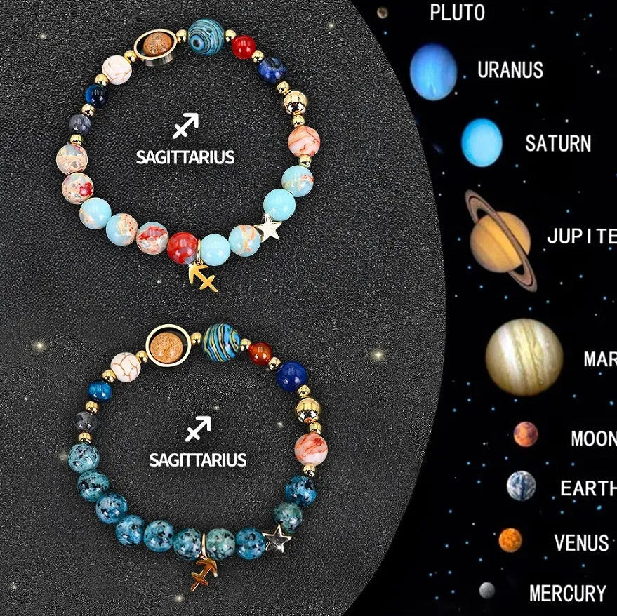 Two natural stone beaded bracelets on a table representing zodiac sign jewellery.