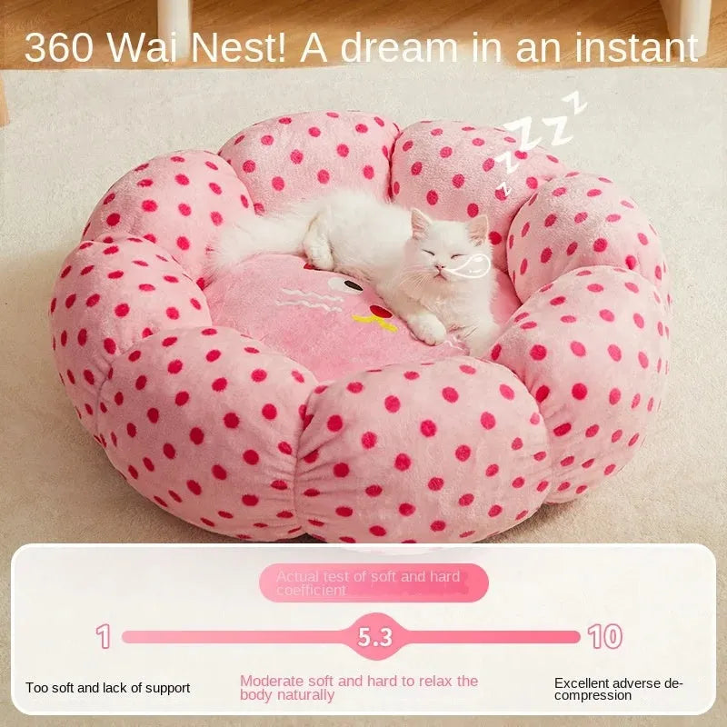 Pink dot circular cat bed showing two size options for pets up to 8 and 20 pounds