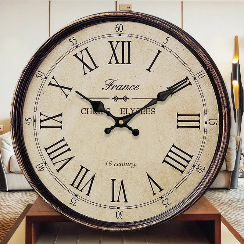 Vintage digital wall clock with silent sweep movement, 14 inch diameter, EO grade MDF face, showing black frame and white dial with Roman numerals.