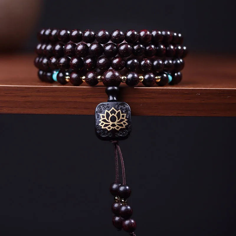 Zambia rosewood bead bracelet with 108 wooden beads and flat lotus pendant for DIY artistic projects
