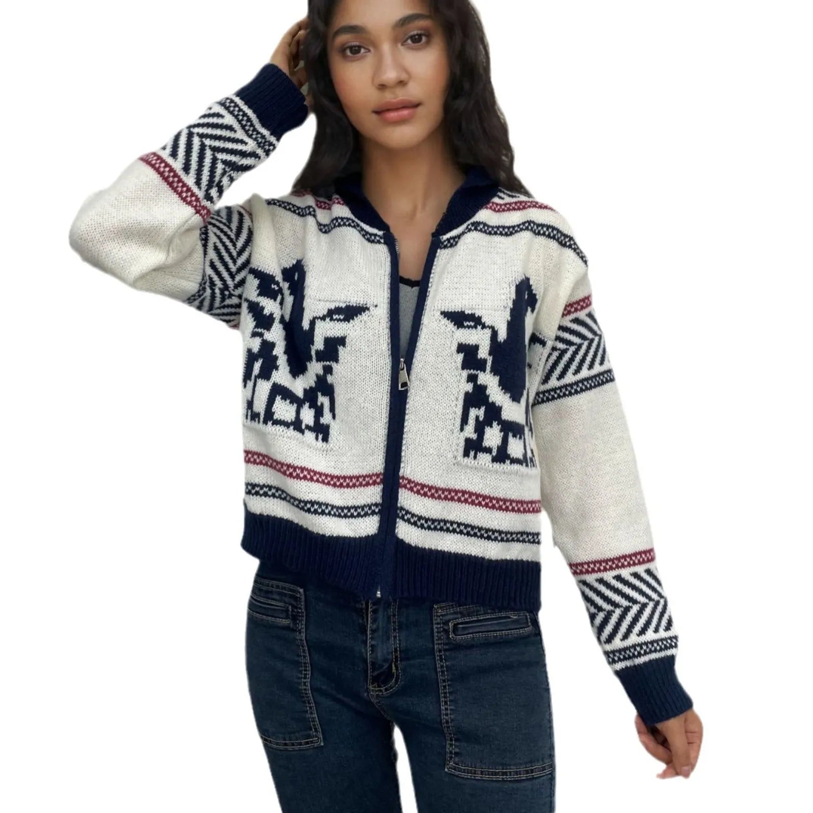 White women's zip-front cardigan with jacquard lapel and contrasting stripe pattern