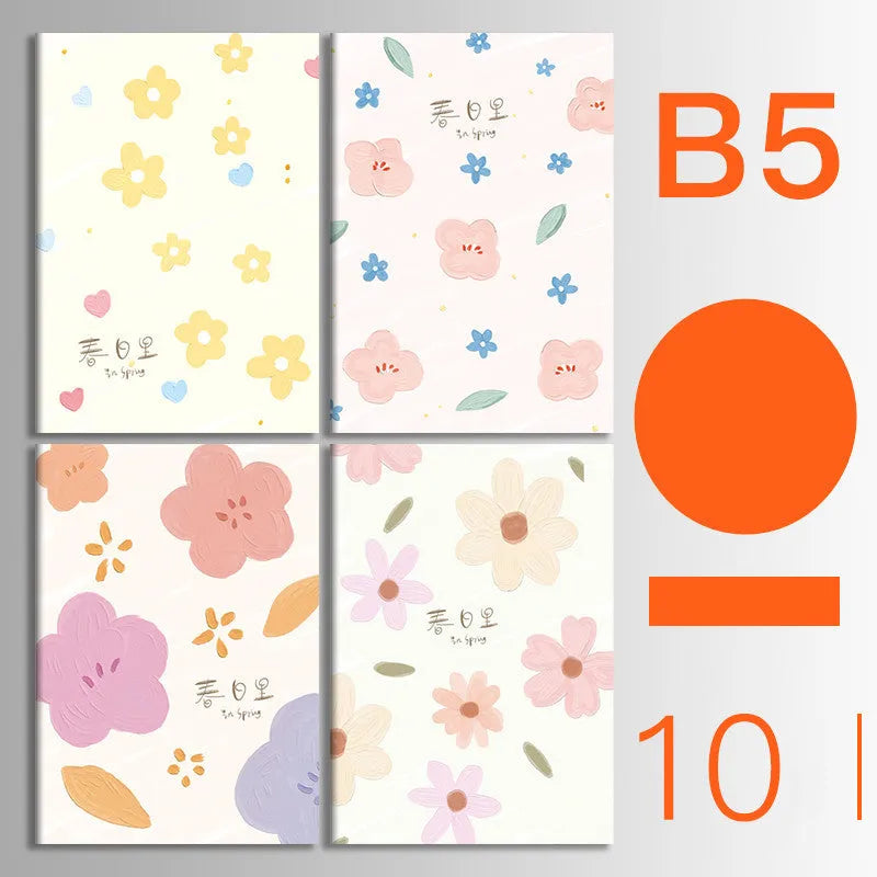 Bundle of ten soft-cover kraft paper notebooks with thread binding in various animal and nature designs.