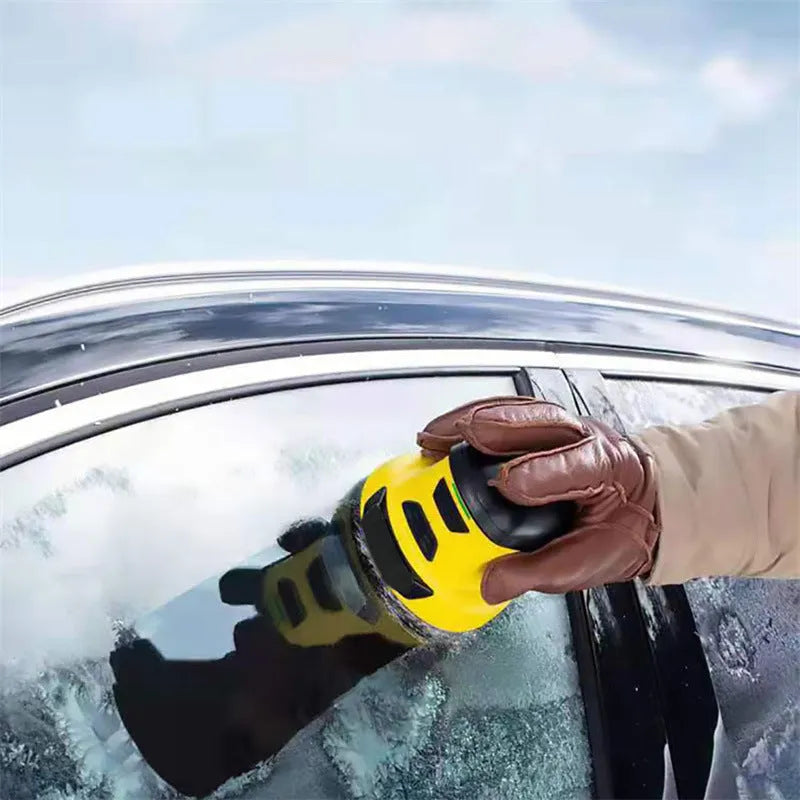 Yellow cordless electric ice scraper for car windshields with USB charging cable