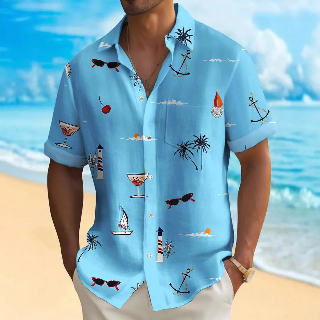Man wearing a loose-fit digital print Hawaiian shirt in a vibrant colour.
