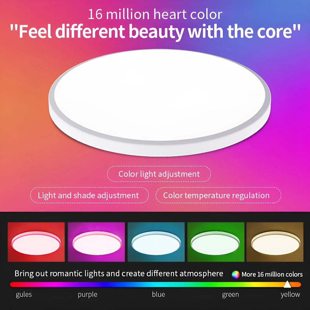 RGBCW intelligent bluetooth ceiling lamp in black or white finish, 300mm diameter, with app and remote control for colour and dimming