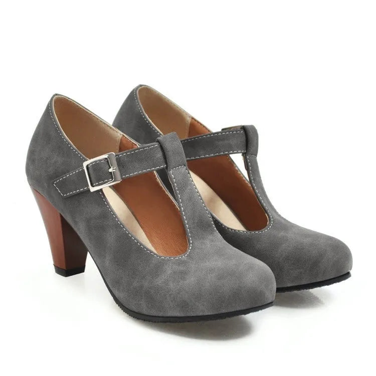 Women's suede T-strap buckle heels in black, gray, purple with round toe and 6-8cm high heel