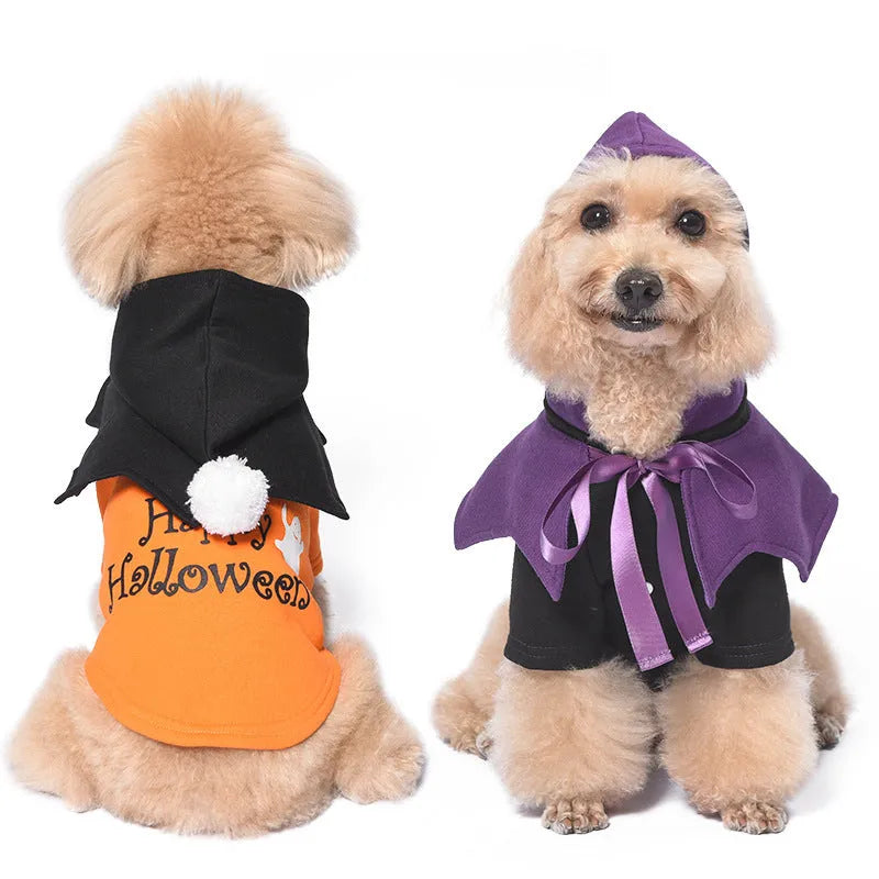 Halloween pumpkin themed two-piece dog sweater and shawl set in black and orange cotton